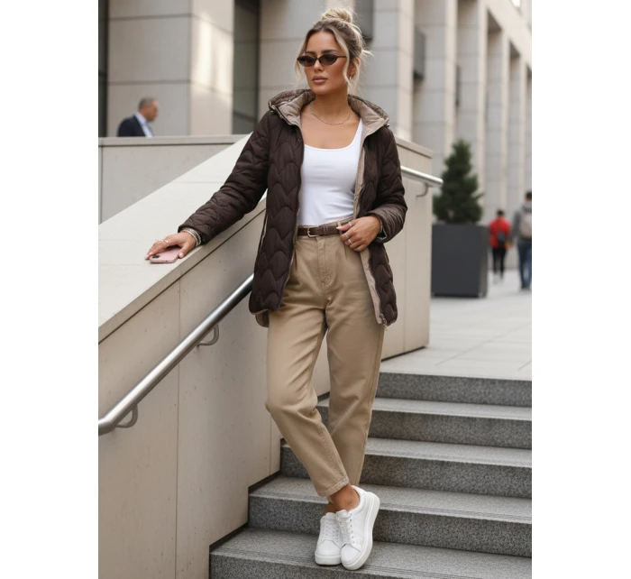 Dámska prechodná prešívaná bunda s odnímateľnou kapucňou hnedá TY5623