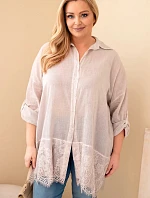 Dámske bavlnené tričko s čipkovaným lemom Plus Size Light Beige