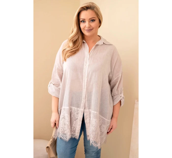 Dámske bavlnené tričko s čipkovaným lemom Plus Size Light Beige
