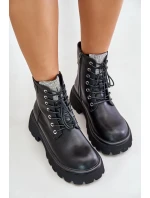Ocieplane Skórzane Botki Workery Damskie Z Cyrkoniami GOE OO2N4125 Czarne