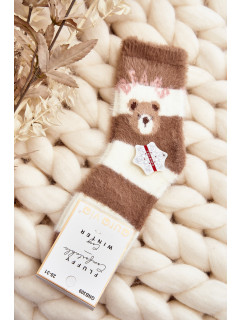 Detské kožušinové ponožky s medvedíkom, hnedé a biele