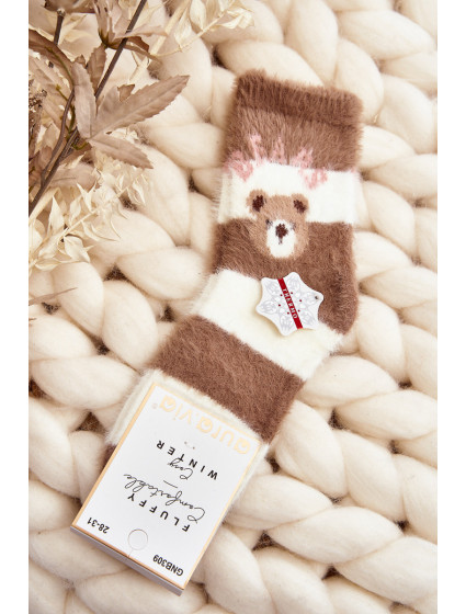 Detské kožušinové ponožky s medvedíkom, hnedé a biele