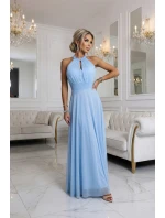 Elegantní maxi večerní šaty na ramínka s a zavazováním v pase modré model 22004204 - numoco basic Elegantní maxi večerní šaty na ramínka s a zavazováním v pase modré model 22004204 - numoco basic