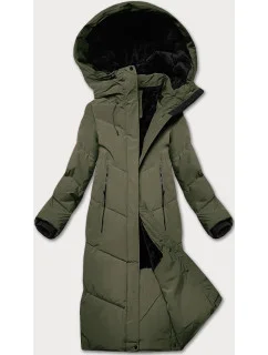 Dlhá dámska zimná bunda v olivovej farbe s kožušinovou podšívkou LHD (LHD-24571)