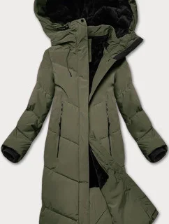 Dlhá dámska zimná bunda v olivovej farbe s kožušinovou podšívkou LHD (LHD-24571)