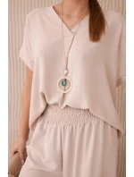 Súprava s náhrdelníkom blúzka + nohavice béžová