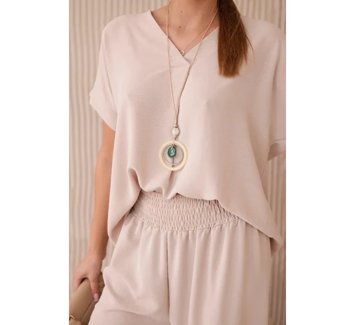 Súprava s náhrdelníkom blúzka + nohavice béžová