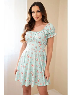 Dámske šaty s kvetinovým vzorom, volánovými rukávmi a elastickým pásom mäta