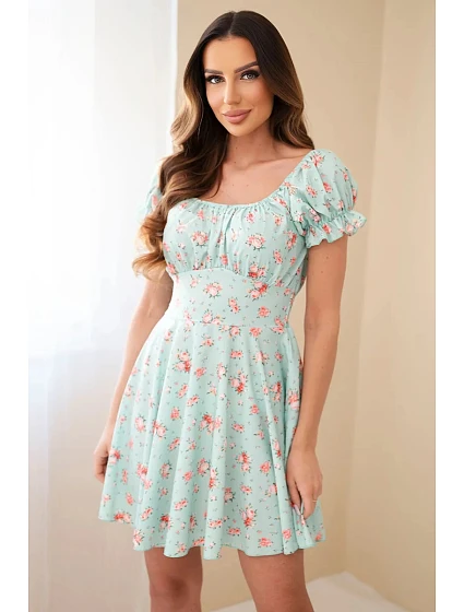 Dámske šaty s kvetinovým vzorom, volánovými rukávmi a elastickým pásom mäta