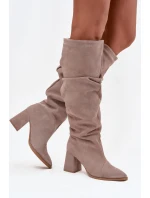 Marszczone Kozaki Z Naturalnego Zamszu Na Słupku Ocieplane Zazoo 4228 Beżowe