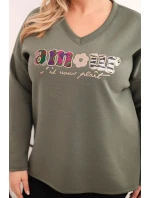 Dámská mikina Plus Size s nápisem a výstřihem do V khaki Dámská mikina Plus Size s nápisem a výstřihem do V khaki