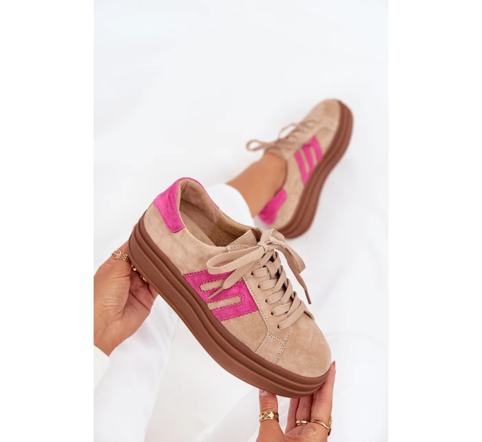 Sneakersy Damskie Na Platformie Z Naturalnego Zamszu Beżowo-Różowe Eldira
