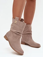 Skórzane Zamszowe Botki Damskie Z Marszczeniem Ocieplane Zazoo 4210 Beżowe