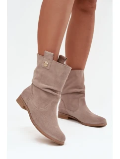 Skórzane Zamszowe Botki Damskie Z Marszczeniem Ocieplane Zazoo 4210 Beżowe