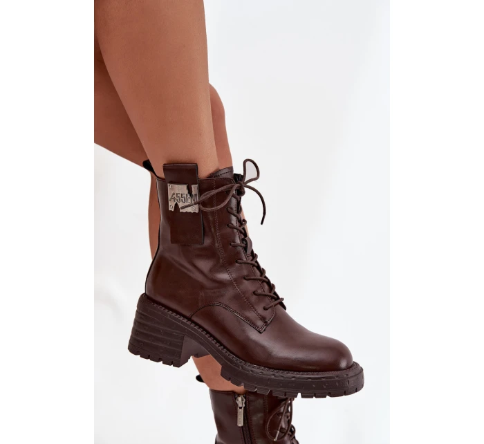 Skórzane Botki Workery Damskie Na Klocku Z Ozdobnym Detalem Artiker 57C0213 Brązowe