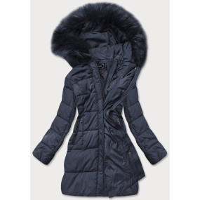 Tmavo modrá prešívaná dámska zimná bunda s kapucňou (7757)