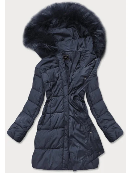 Tmavomodrá dámska prešívaná zimná bunda s kapucňou (7757)
