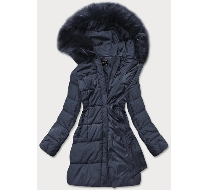 Tmavomodrá dámska prešívaná zimná bunda s kapucňou (7757)