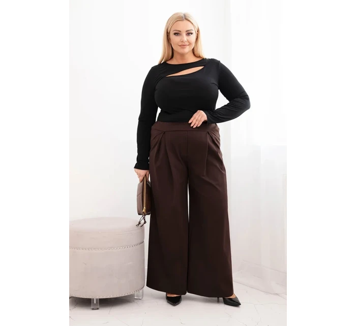 Dámske Plus veľkosť široké nohavice so skladaním Brown Dámske Plus veľkosť široké nohavice so skladaním Brown