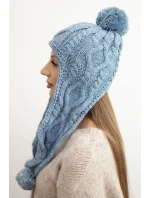 Dámska zimná vlnená čiapka s bambuľkami a predĺženými bokmi K448 tyrkysová