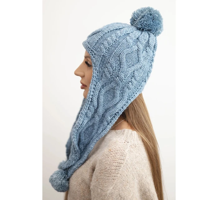 Dámska zimná vlnená čiapka s bambuľkami a predĺženými bokmi K448 tyrkysová