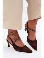 Kožené semišové sandály na podpatku se zdobeným páskem D&A CR61-3048 Čokoládové