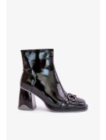 Lakované členkové topánky na podpätku s ozdobou D&A čierne Lakované členkové topánky na podpätku s ozdobou D&A čierne