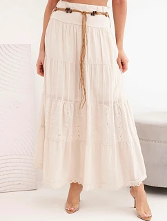 Dámska maxi bavlnená sukňa s čipkovou výšivkou a elastickým pásom béžová