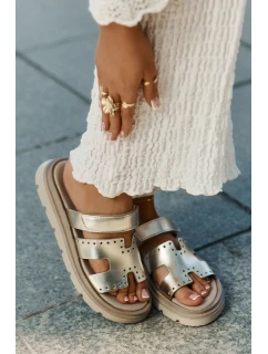 Klapki Damskie Z Naturalnej Skóry Na Platformie Zazoo 40440 Złote