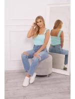 Blúzka bez ramienok s volánikmi v mätovej farbe