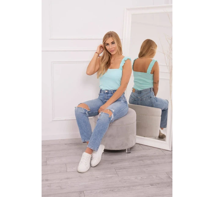 Blúzka bez ramienok s volánikmi v mätovej farbe