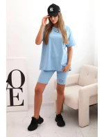 Dámský bavlněný komplet s krátkým rukávem a šortkami modrý