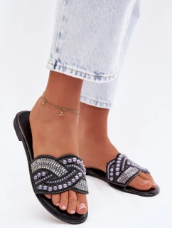 Ozdobené pantofle na nízkém podpatku Černé model 21998006 - Boto