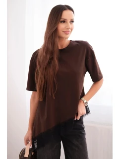 Dámska asymetrická bavlnená blúzka s čipkovanou spodnou časťou hnedá