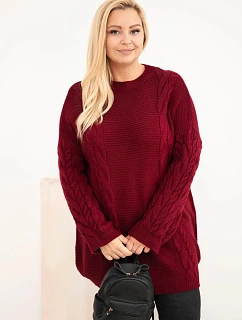 Dámsky sveter vo veľkosti Plus Size s copánkovým vzorom v bordovo-červenej farbe