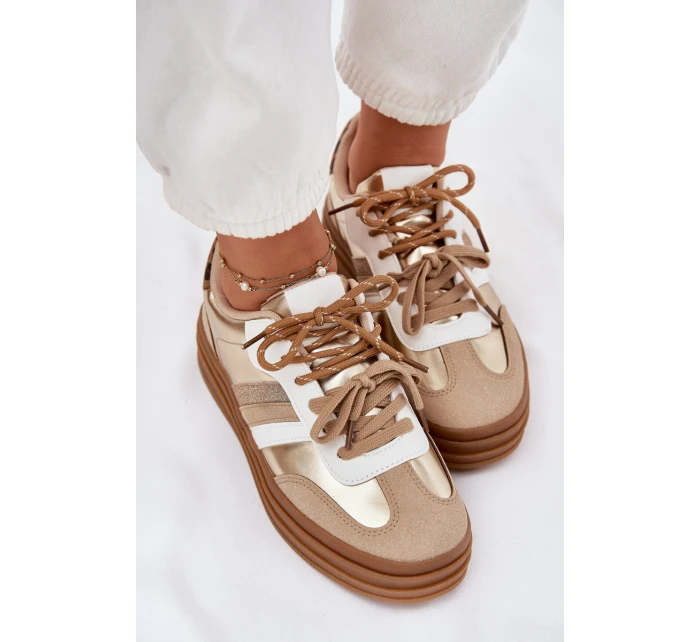 Sneakersy Damskie Na Platformie Z Podwójnym Sznurowaniem Panterka Złote Niteria Sneakersy Damskie Na Platformie Z Podwójnym Sznurowaniem Panterka Złote Niteria
