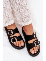 Dámske papuče na platforme so zlatými prackami - čierne