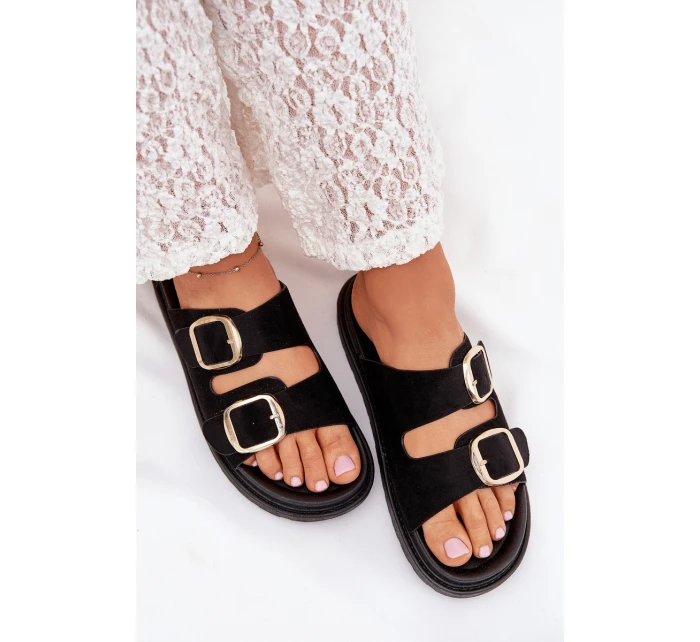 Dámske papuče na platforme so zlatými prackami - čierne