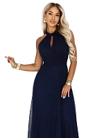 Elegantní maxi večerní šaty na ramínka s a zavazováním v pase tmavě modré model 22210933 - numoco basic