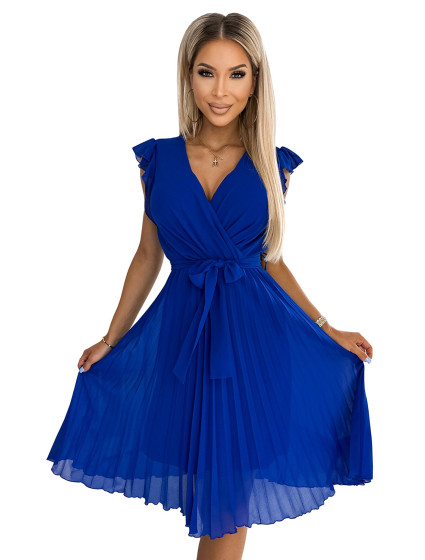 Plisované šaty s výstrihom a volánmi Numoco POLINA - modré