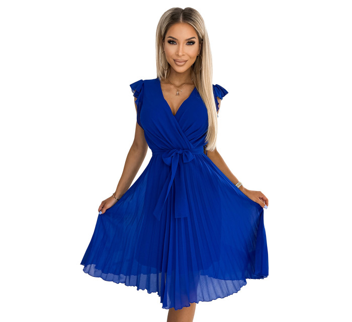 Plisované šaty s výstrihom a volánmi Numoco POLINA - modré