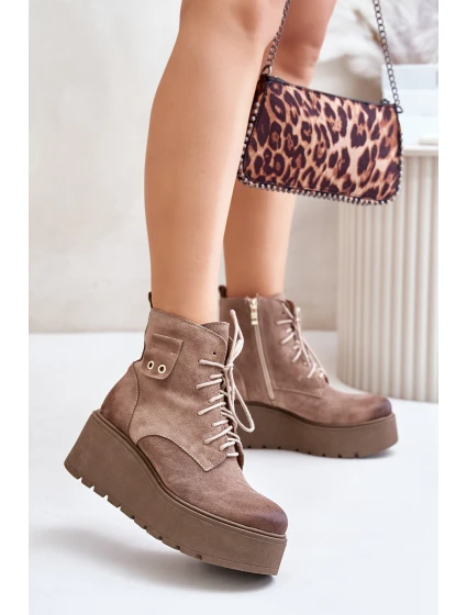 Semišové Dámské Kotníkové Boty Na Platformě A Klínu Zateplené Béžové model 21673811 - Zazoo