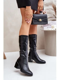 Ocieplnae Kozaki Na Słupku Eko Skórzane Do Połowy Łydki Czarne Ellithira