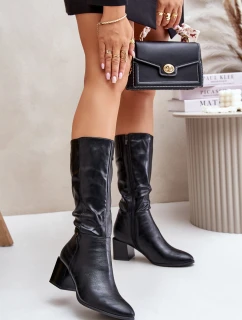 Zateplené kozačky na podpatku z eko kůže do  černé model 21675692 - Boto