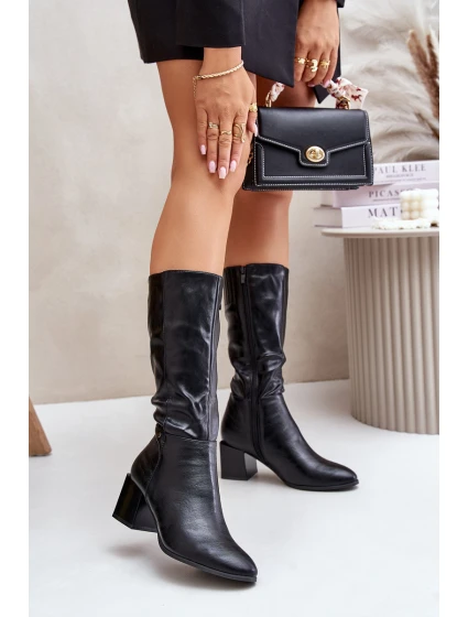 Ocieplnae Kozaki Na Słupku Eko Skórzane Do Połowy Łydki Czarne Ellithira