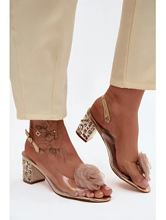 Průhledné sandály na podpatku s krystaly síťová růže D&A MR61-9011 zlaté