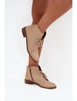 Zazoo 2964 Skórzane Botki Na Płaskim Obcasie Beżowe