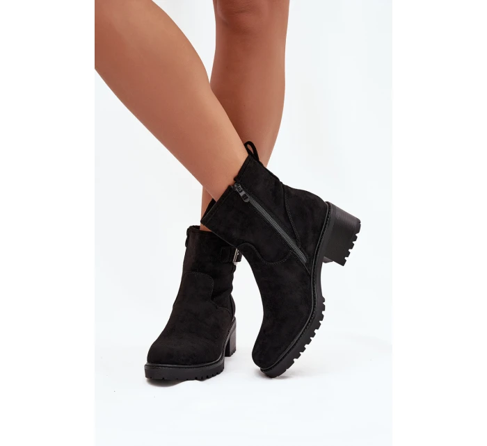 Ocieplane Botki Damskie Na Niskim Obcasie Klocku Z Klamrą Czarne  Helvina