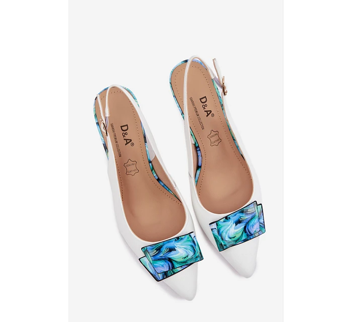 Kožené dámské lodičky na podpatku s ozdobou D&A LZ61-2006 Bílé