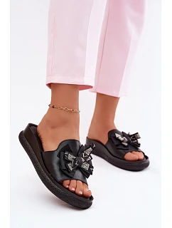 Dámské kožené pantofle s mašlí S.Barski KV61-6061 Černé